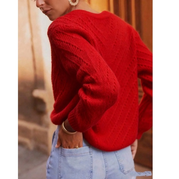 V-Cut Buttoned Down Red Knit Cardigan Textured, Long Sleeve - Picture 3 of 6